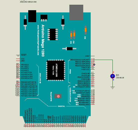 Open the blink example in the Arduino software, upload the HEX file, and run the Proteus software to visualize the LED blinking.