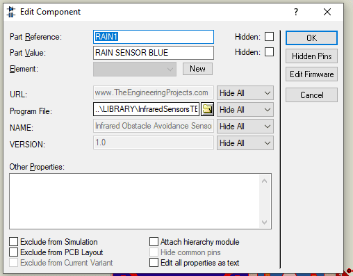Double-click on the rain sensor component to open its Properties Panel. This panel contains settings and configurations for the selected component