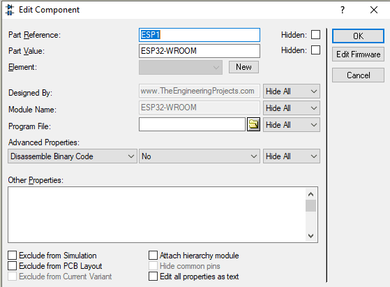 In the Properties Panel of the ESP32 board, add the hex file location in the Program File section.