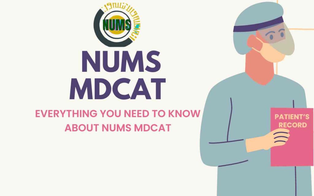 Image with white background and doctor image on right side and with NUMS logo with written on it title "NUMS MDCAT Everything you need to know about this test"